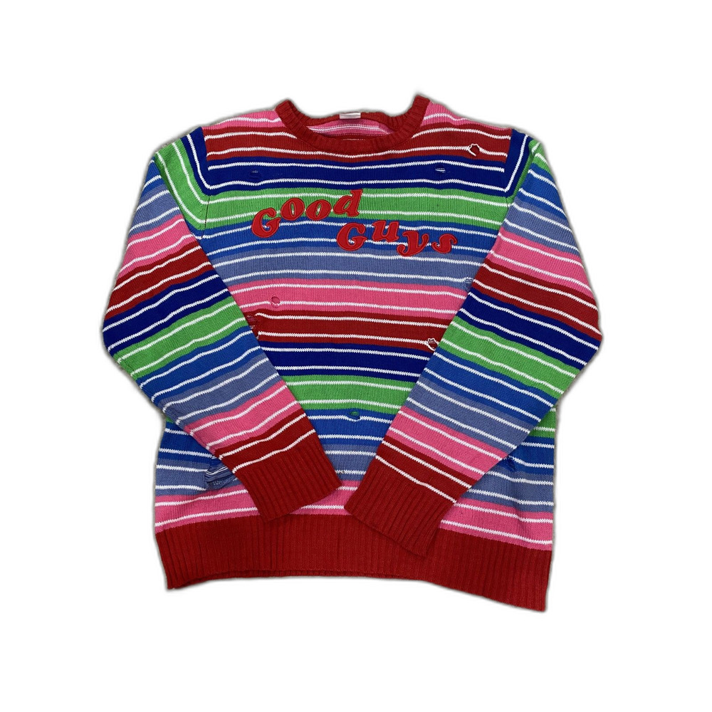 Spirit Halloween Size XL Chucky Good Guys Striped Distressed Sweater Colorblock